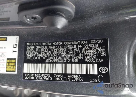 2020 Toyota Prius L Eco z USA, uszkodzony, nr VIN JTDKARFUXL3121545